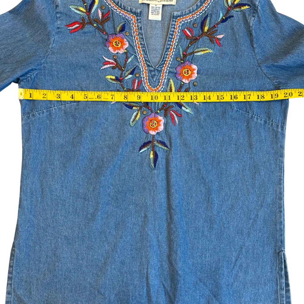 Tantrums Womens Medium Blue‎ Denim Embroidered Floral Boho Tunic Top Cotton M - Picture 9 of 15